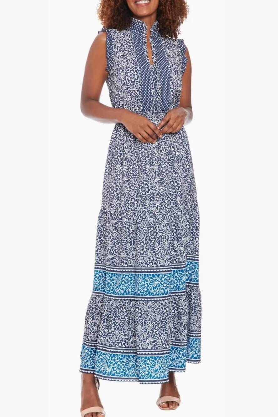 NEW LONDON TIMES high neck multi print maxi dress in navy ivory